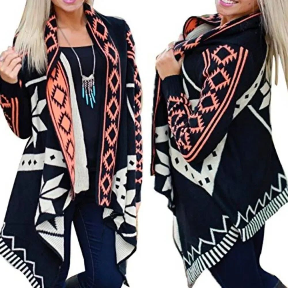 🔹️Fantastic Fawn Black, Cream, & Coral Aztec Wool Knit Open Front Sweater Small